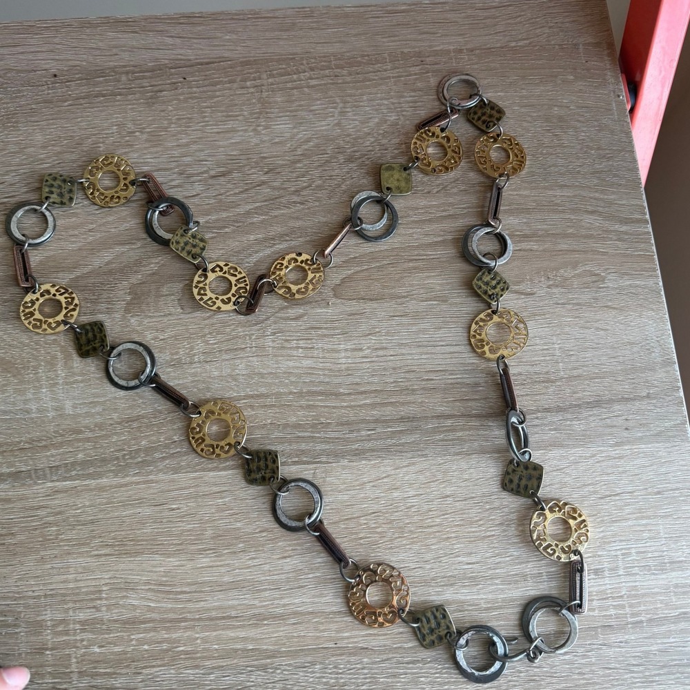 Mixed Metal Boho Chain Belt Geometric Hammered Filigree Gold Silver Brass‎ 41in
